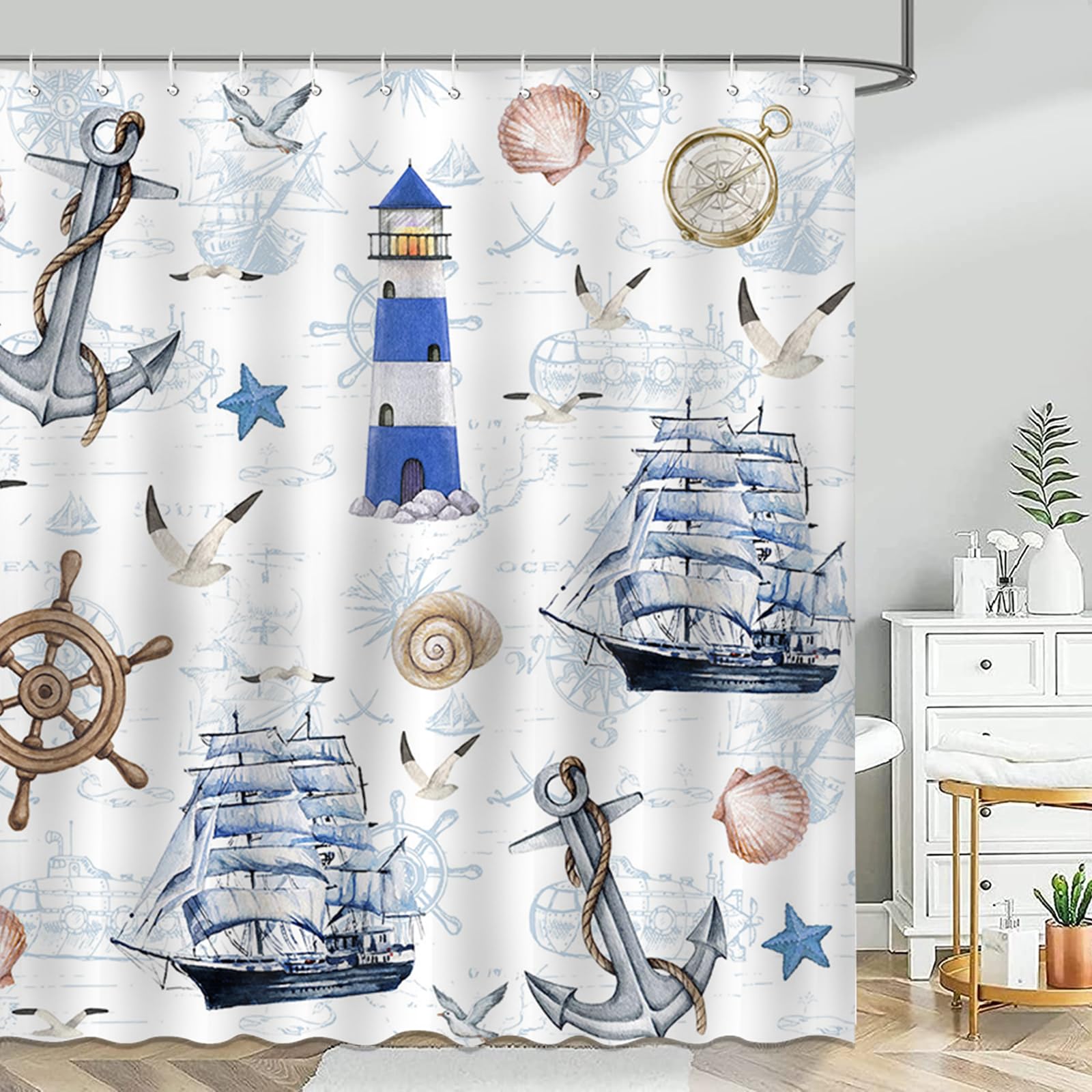 Avezano Nautical Sailboat Shower Curtain Lighthouse Compass Anchor Bathroom Shower Curtain Nautical Waterproof Bathtub Curtain Decor with 12 Hooks 72 X 72 Inches