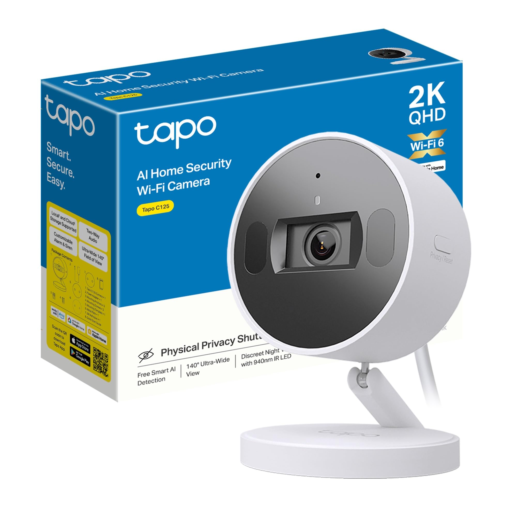 Tapo C125 - Cámara de Seguridad WiFi Resolución 2k QHD, Visión Nocturna con Sistema IR Dual, IA Mejorada, Modo Privacidad Física, Sensor Starlight, Compatible con Alexa&Google Assistant, Home Kit