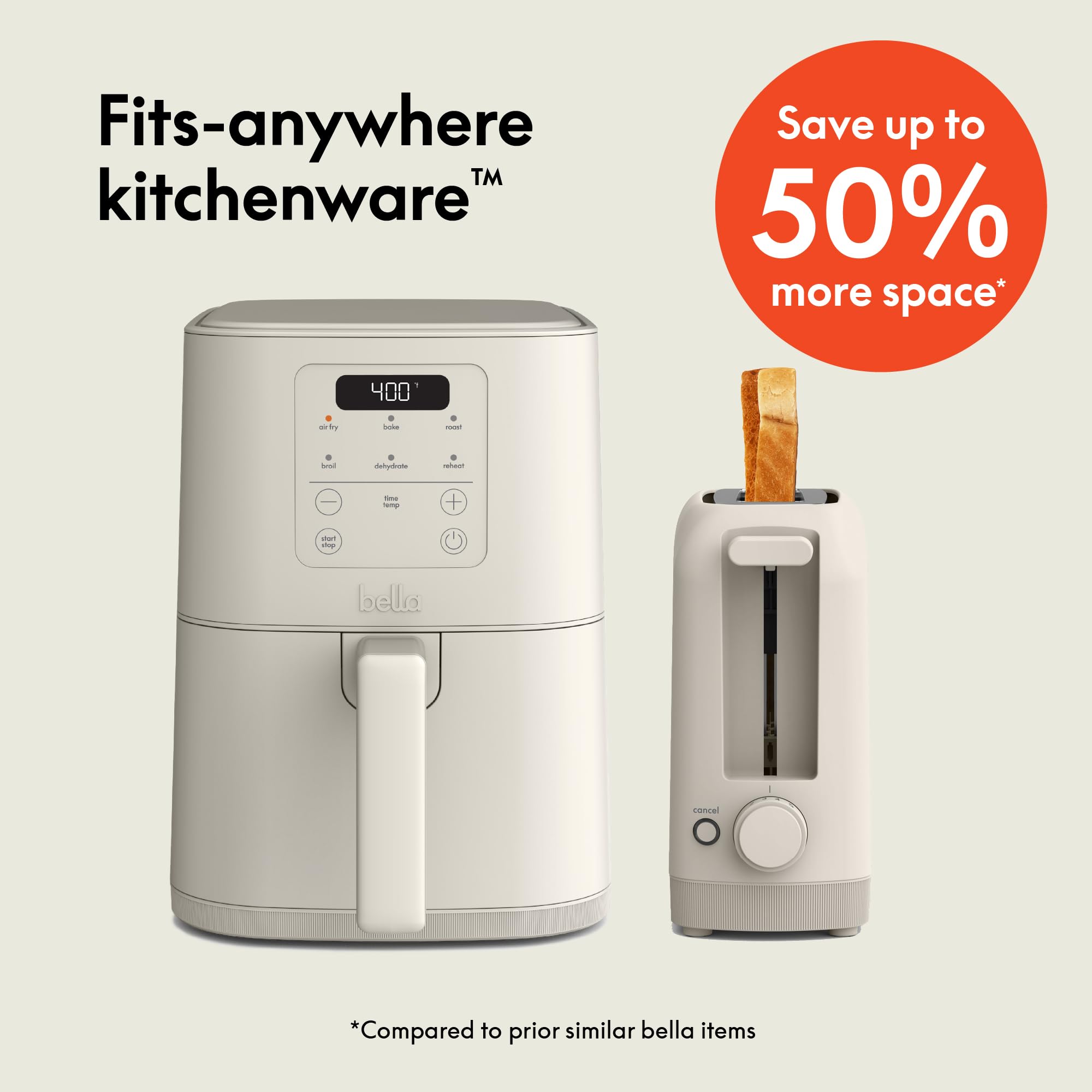 BELLA Tostadora delgada de 2 rebanadas + freidora de aire delgada de 4 cuartos, utensilios de cocina Fits-anywhere™, freidora de aire pequeña con 6 opciones de cocción preestablecidas y tostadora delgada con control de 6 tonos, leche de avena