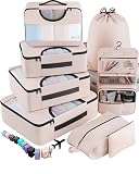 8 Set Packing Cubes for Luggage,Suitcase Organizer in 4 Sizes with Hanging Toiletry Bag and Large Laundry Bag, Carry-On Luggage with Accessories Bag, Cream