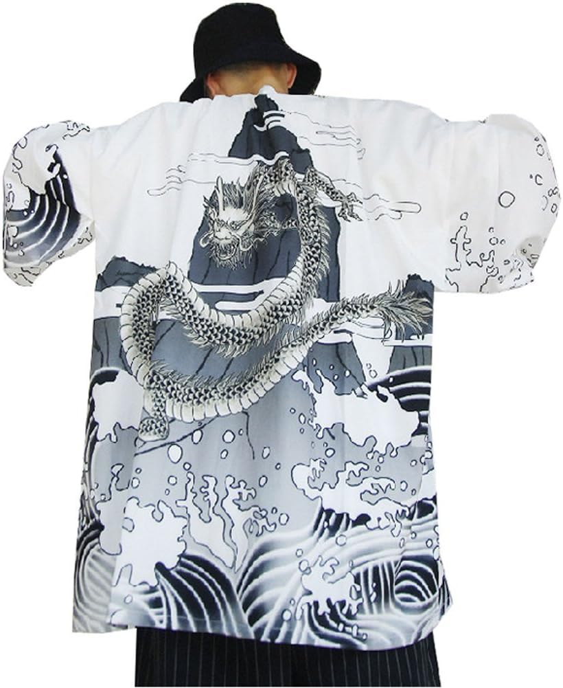 Men's Japanese Kimono Cardigan Casual Dragon Pattern Yukata Open Front Coat