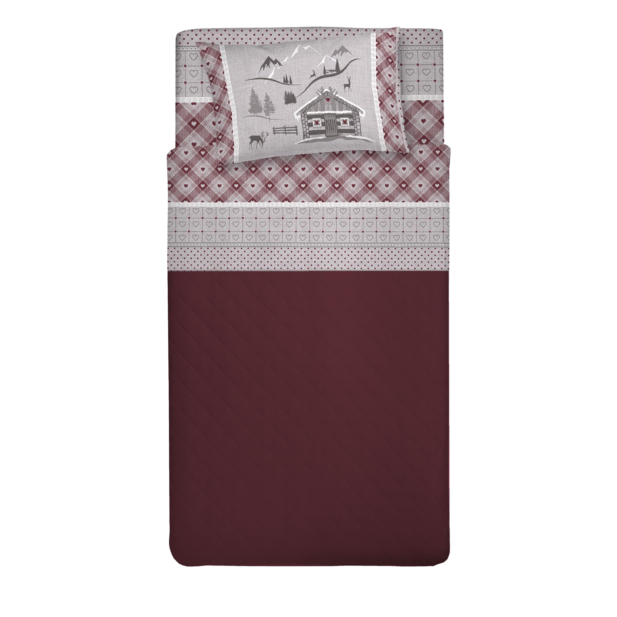 PENSIERI DELICATI Single Bed Set, 100% Cotton, Single Bed Sheet Set, 90 x 200 cm, Including Bottom Sheet, Top Sheet and 1 Pillow Case, Made in Italy, Red Chalet Design