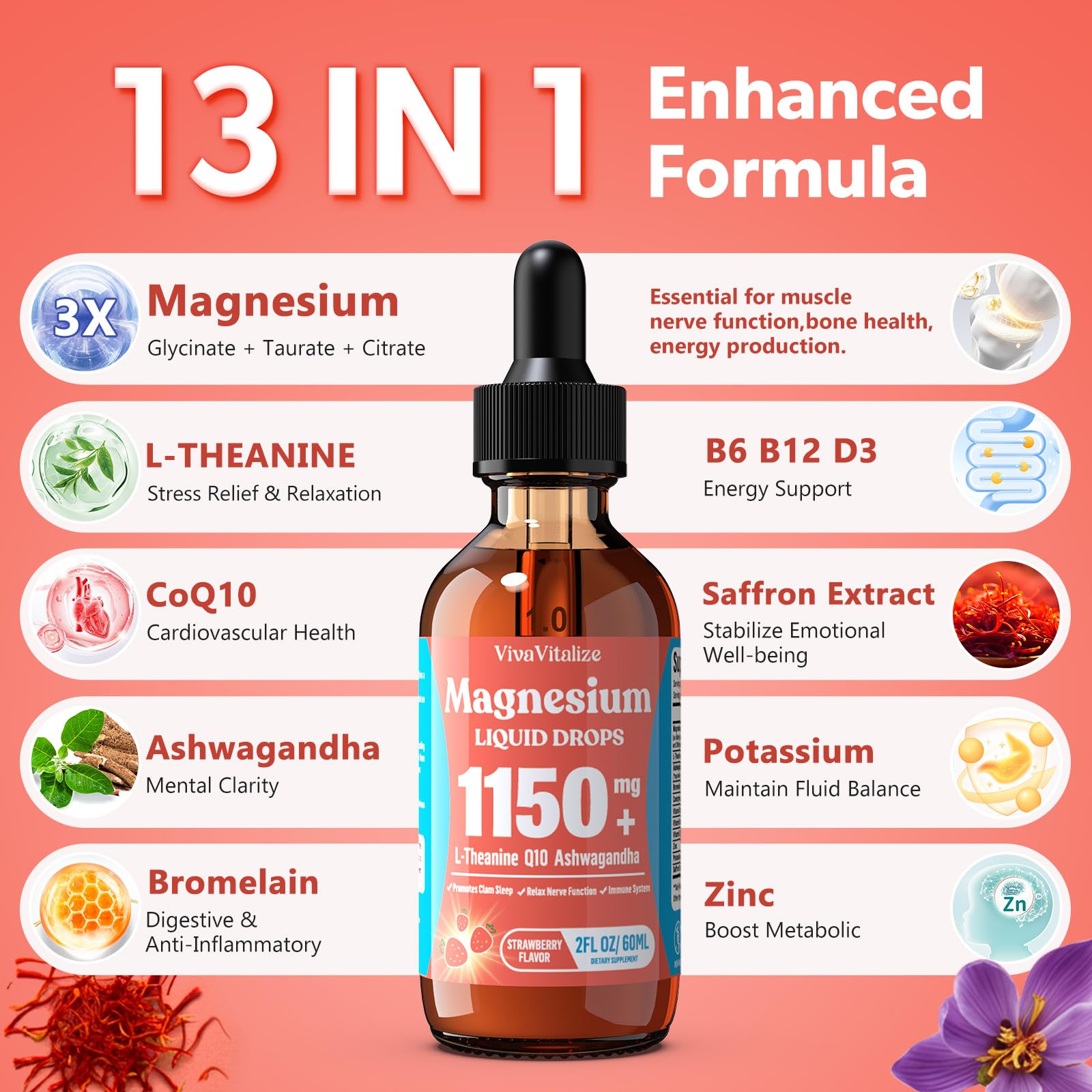 Magnesium Glycinate Liquid, Triple Magnesium Complex Liquid Drop, Magnesium Taurate & Citrate Liquid for Adults Calm Stress Support, Muscle Relaxation, Good Sleep