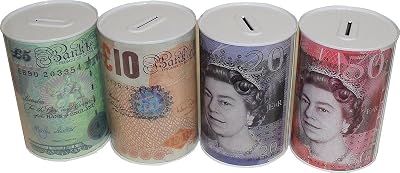 2 ur door Sterling Money Box Tin Piggy Bank 15cm Coin Savings Tin Multi-Colour