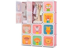 Costzon Kids Closet, Cartoon DIY Modular Dresser Storage Organizer with 12 Cubes & 2 Clothes Hanging Rack, Portable Armoire f