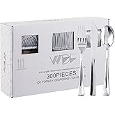 WDF 300 Pieces Silver Plastic Silverware - Plastic Silverware Heavy Duty - 100 Forks 100 Knives 100 Spoons - Disposable Silver Cutlery Perfect for Party/Wedding/Christmas