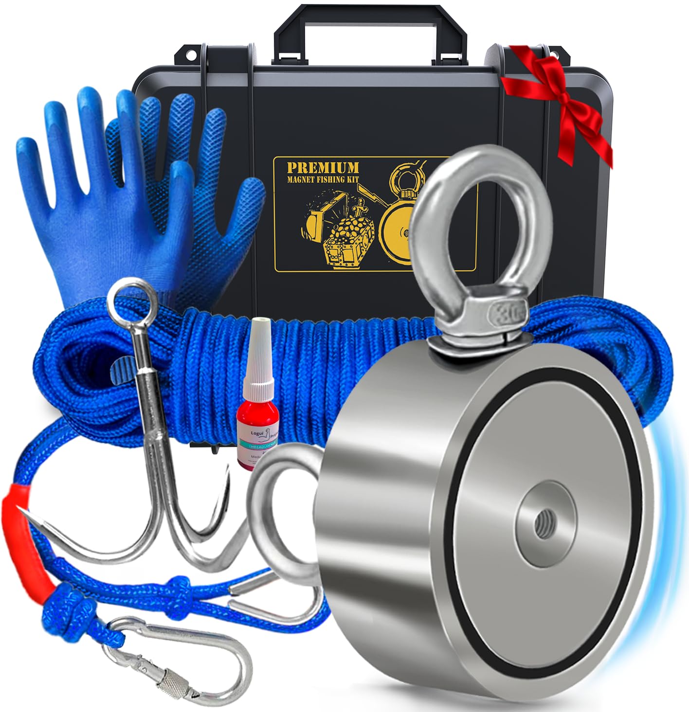 Photo 1 of Logui Projects 1200 LB Magnet Fishing Kit with Case - 2 Fishing Magnets in 1 (Double Sided Magnet) - with Grappling Hook, Heavy Duty 65FT Rope, Gloves, Carabiner and Foldable Bucket.