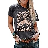 Western Rodeo T-Shirt Women Vintage Cattle Skull Cowboy Shirt Tops Country Music Short Sleeve Casual Tee Tops