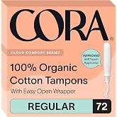Cora Organic Cotton Tampons (72 Regular Tampons) | Comfortable Leak Protection, Expands to Your Shape, Made Without Chlorine, Pesticides, or Rayon, Organic Cotton Feminine Care
