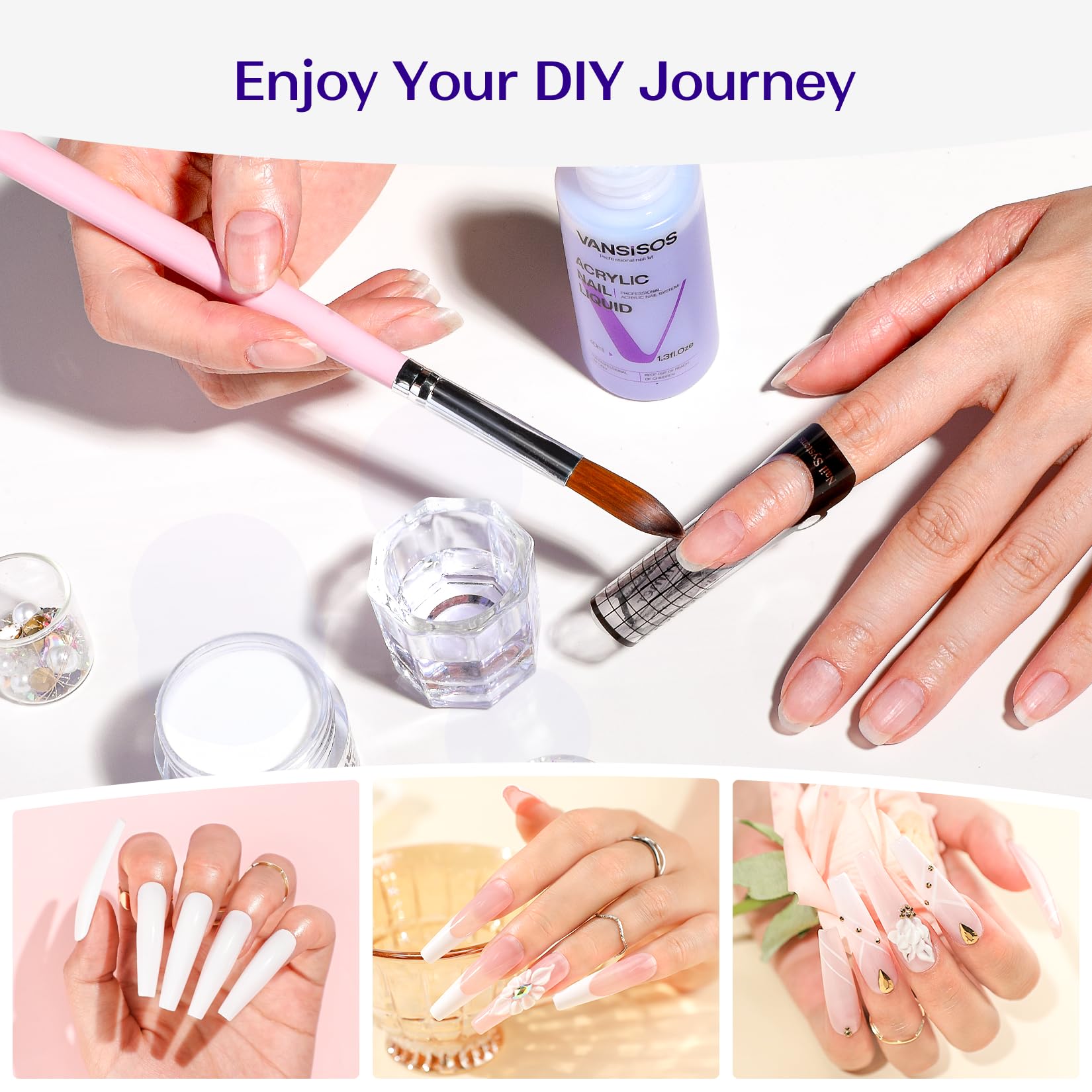 Acrylic Nail Kit for Beginners: Clear White Pink Acrylic Powder and Liquid Set Professional Nails Kit Acrylic Set with Acrylic Nail Brushes for Home DIY - Image 6