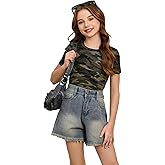 WDIRARA Girl's Camo Print Short Sleeve T Shirt Crew Neck Tee Casual Top