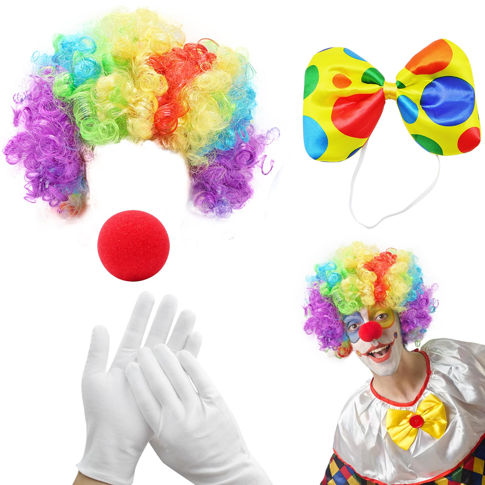 Aleker 4 PCS Costume Set, Rainbow Wig, Red Nose, White Gloves, Bow Tie for Kids & Adult, Clown Dress Up for Halloween Carnival Cosplay Party Pretend Play Circus Show