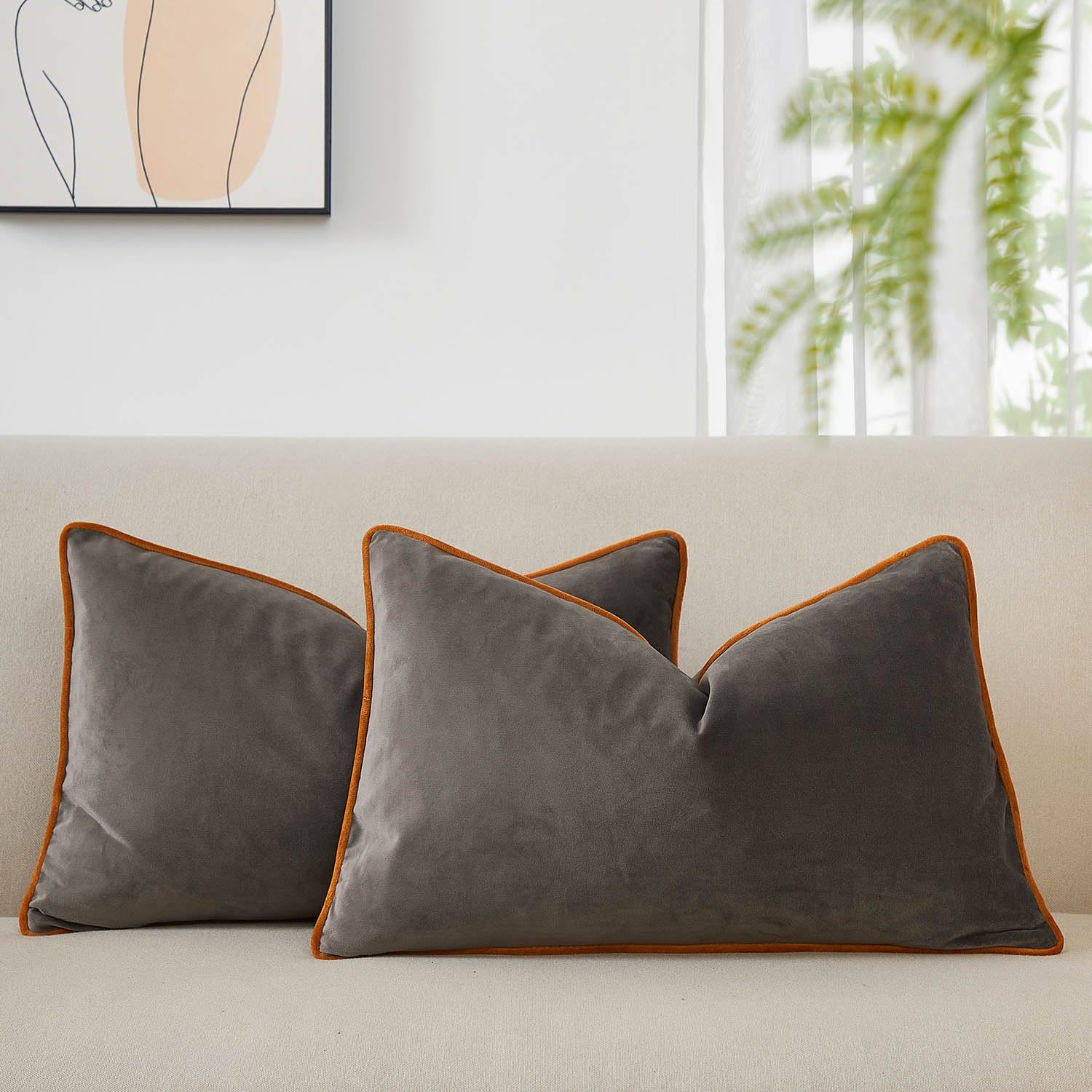 Photo 1 of JUSPURBET Champagne Luxury Velvet Lumbar Throw Pillow Covers with Piping 16x24 Inch Set of 2 Washable Accent Cushion Cases for Sofa Bed Home Decor with Hidden Zipper