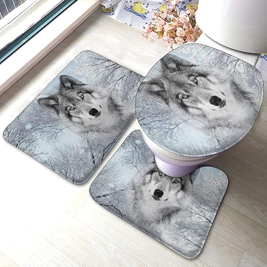 Amazon Com Kbstore 3d Wolf With Cedar 3 Pieces Bathroom Rugs Non Slip Bathroom Rug Antiskid Pads Bath Shower Bathroom Mats Set Machine Washable Mat Contour Toilet Lid Cover Standard Size Home