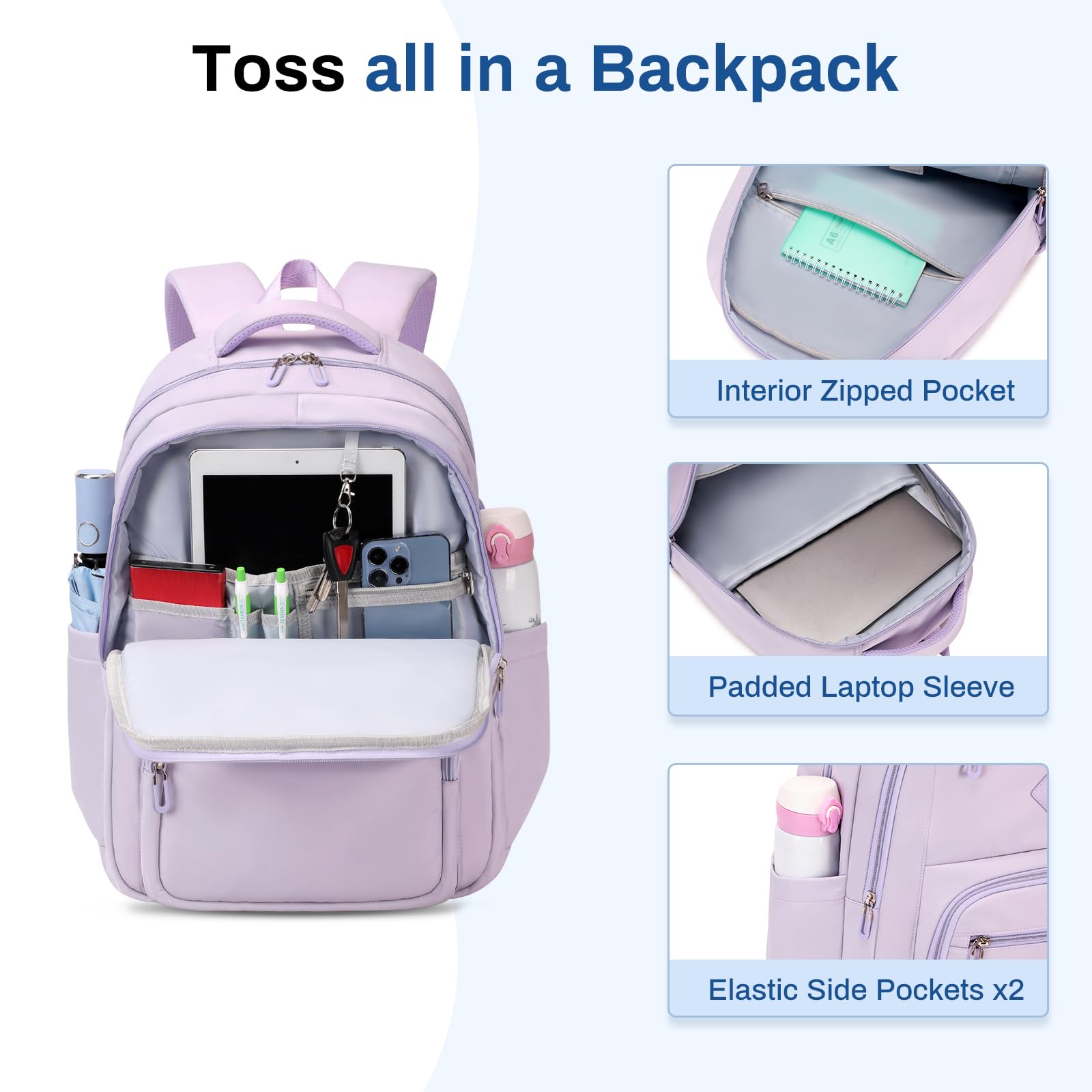 Sisipoet School Backpack for Girls, Lightweight Kids Bookbag Classic College Backpack for Teen Women with Luggage Strap, Age 8-18 Years Old, Purple