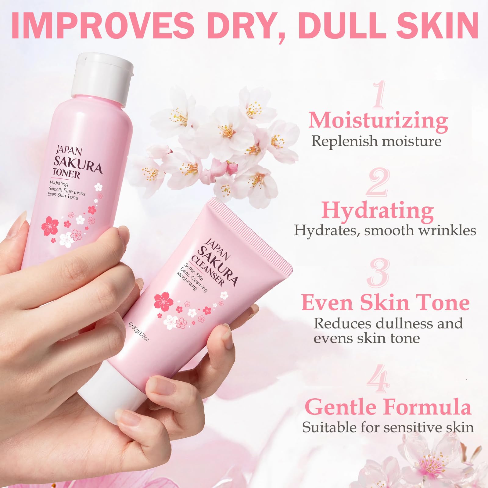 Skin Care Set for Women Girls, Cherry Blossoms Beauty Gift Sets for Intense Hydration, Face Skin Care Kit with Cleanser, Toner, Serum, Eye Cream, Face Cream - 8Pcs Skin Care Routine Kit