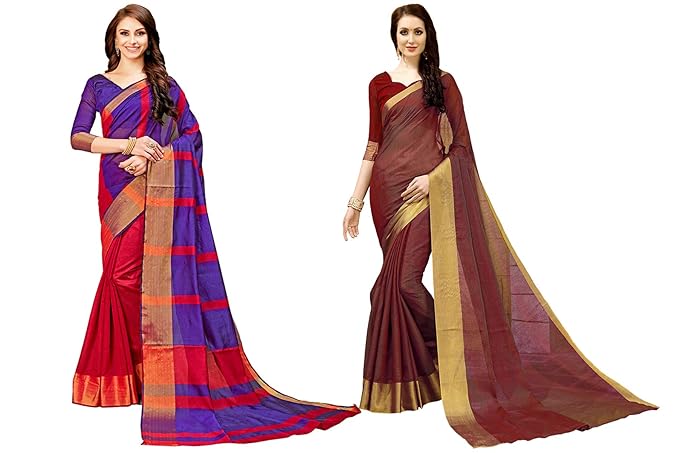 Womens Cotton Silk Saree Combo Pack of 2 (Multicolored)