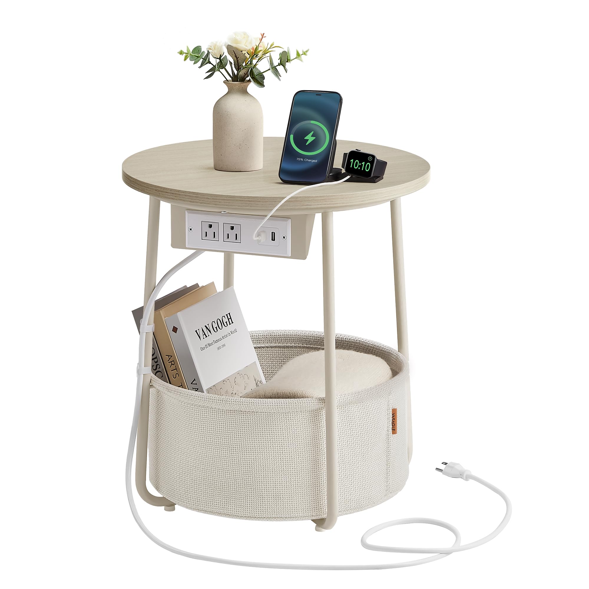 VASAGLE LILEA Collection - Side Table with Charging Station, Round End Table with Fabric Basket, Nightstand with USB Ports, for Living Room, Bedroom, Modern, Cream White ULET228N01