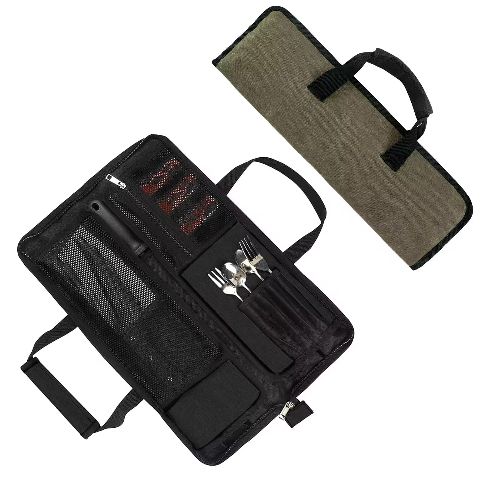 Photo 1 of Qchengsan Chef’s Knife Roll Bag, Heavy Duty Waxed Canvas Chef Knife Bag, Portable 13 Slots Chef Knife Case, Multi-function Cutlery Knives Pouch Holder Knife Wrap Wallet Tool Roll