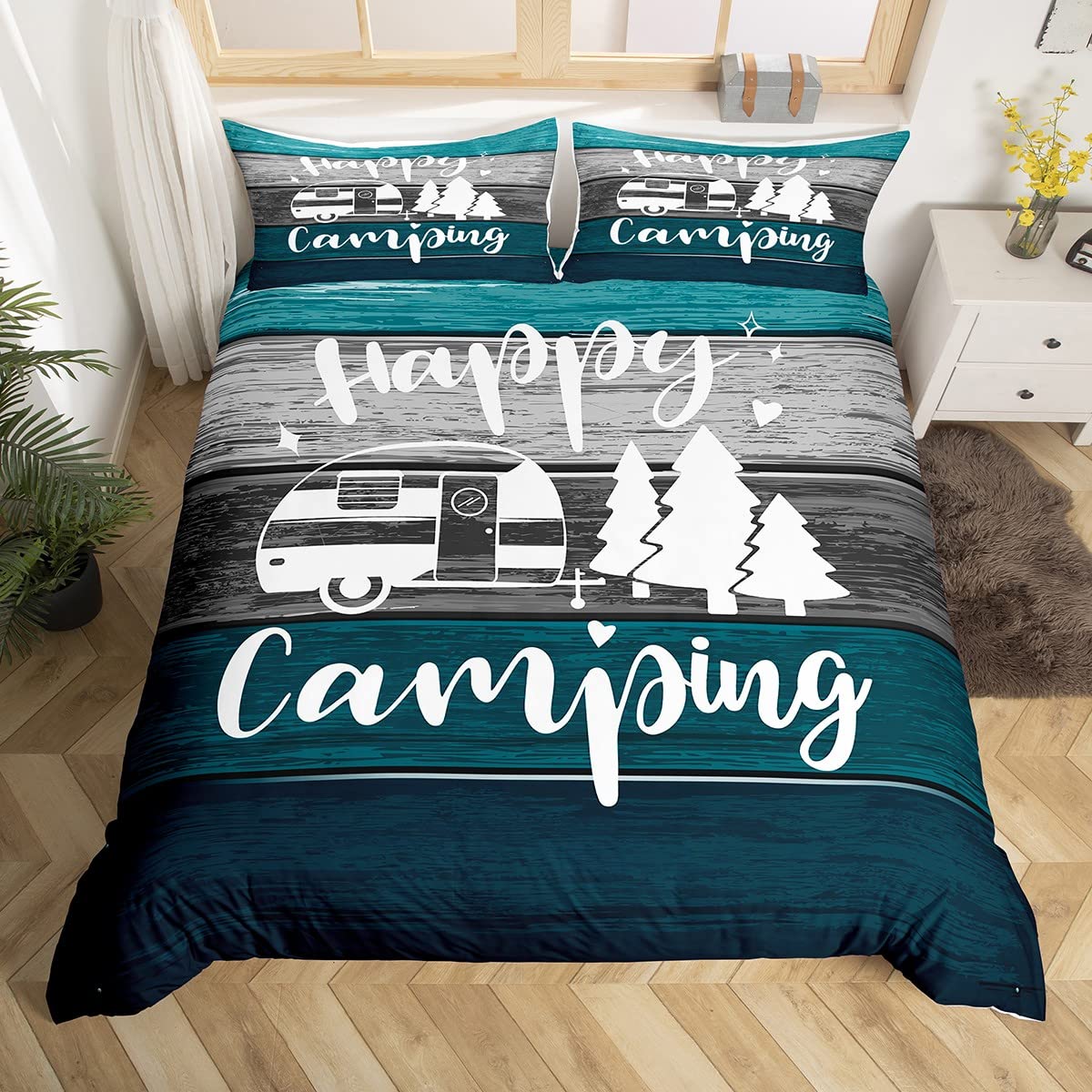 richhome Camping Camper Duvet Cover Watercolor Vintage Blue Gray Wooden Stripes Bedding Set for Kids Teens Adults Rustic Adventure Farmhouse Style Comforter Cover with 2 Pillowcases Double Size 3 Pcs — image 1