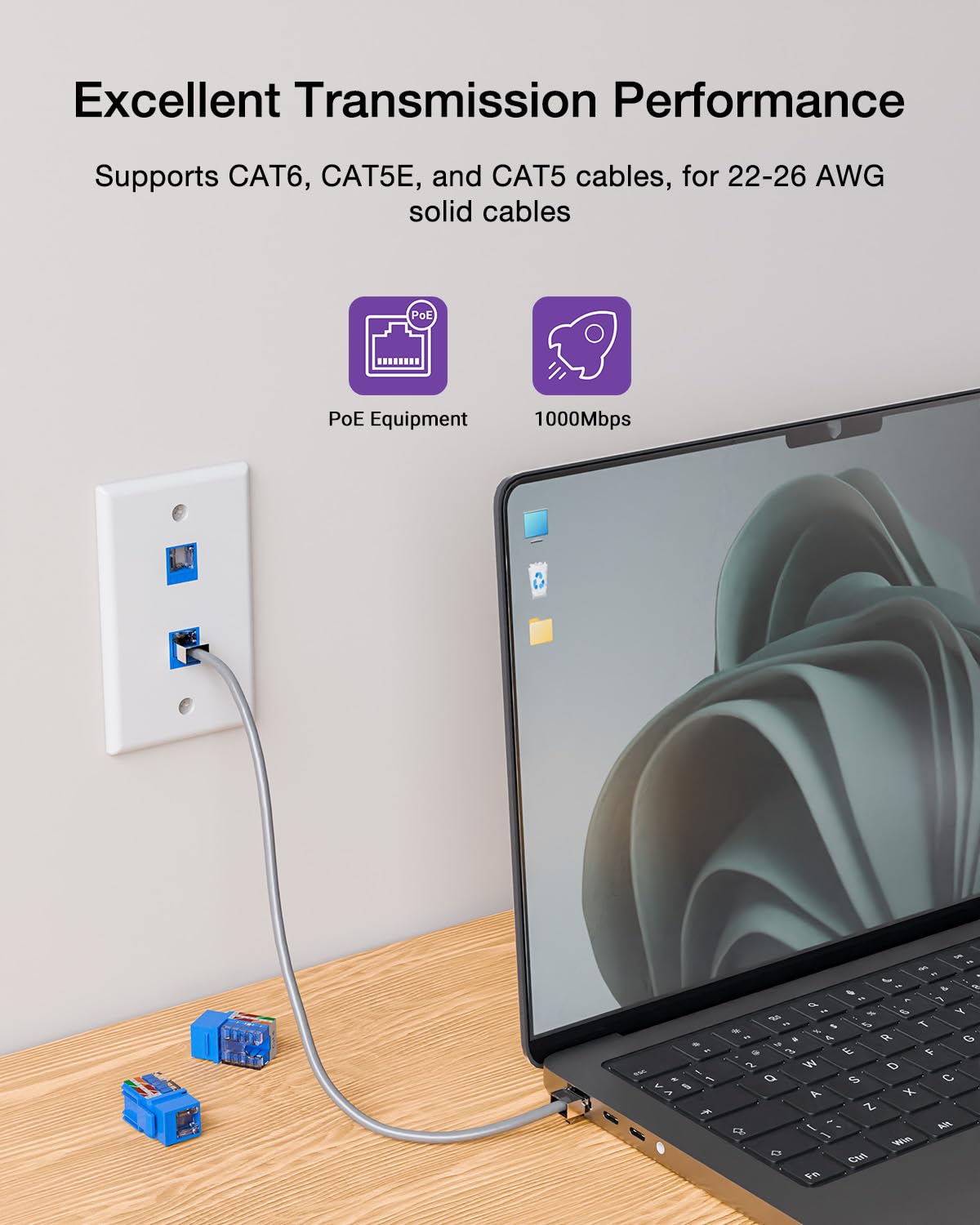 VCELINK RJ45 Cat6 Keystone Jacks with Dust Cover, Dust-Proof Keystone Jacks, Slim Profile 25-Pack, 90-Degree Punch Down Ethernet Modular Jacks, UTP Keystone Jack Adapter, Blue