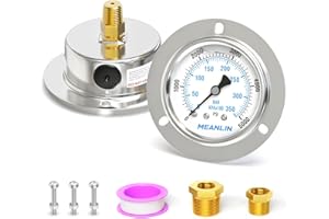MEANLIN MEASURE 0~5000Psi Liquid Filled Pressure Gauge Front Flange Panel Mount, 1/4" NPT 2.5" FACE DIAL Stainless Steel Case with Phillips Screw, Nut and Brass Hex Bushing, +/-3-2-3%