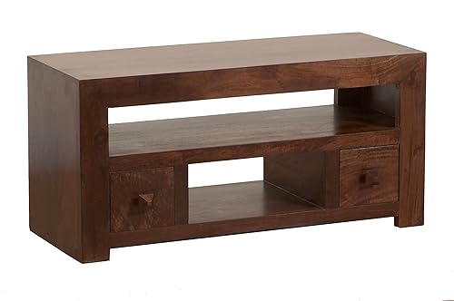 Homescapes Dakota TV DVD Corner Unit Living Room Dark Shade Solid Mango Wood Furniture No 