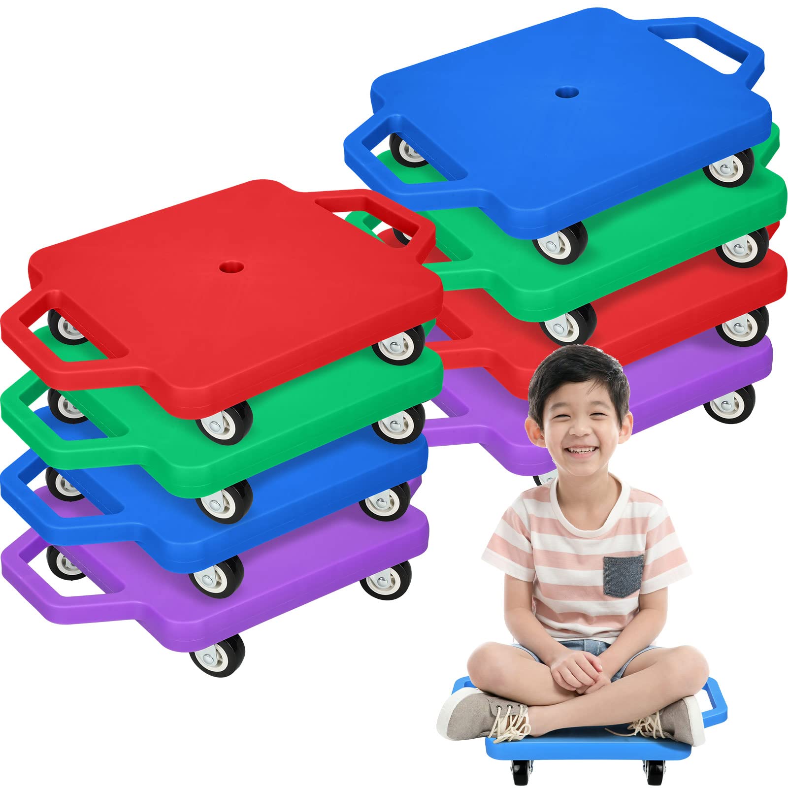 Jerify 8 Pieces Sports Scooter Board Sitting Scooter Board for Kids Plastic Floor with Non-Marring Plastic Casters, Physical Education for Home School Play Equipment