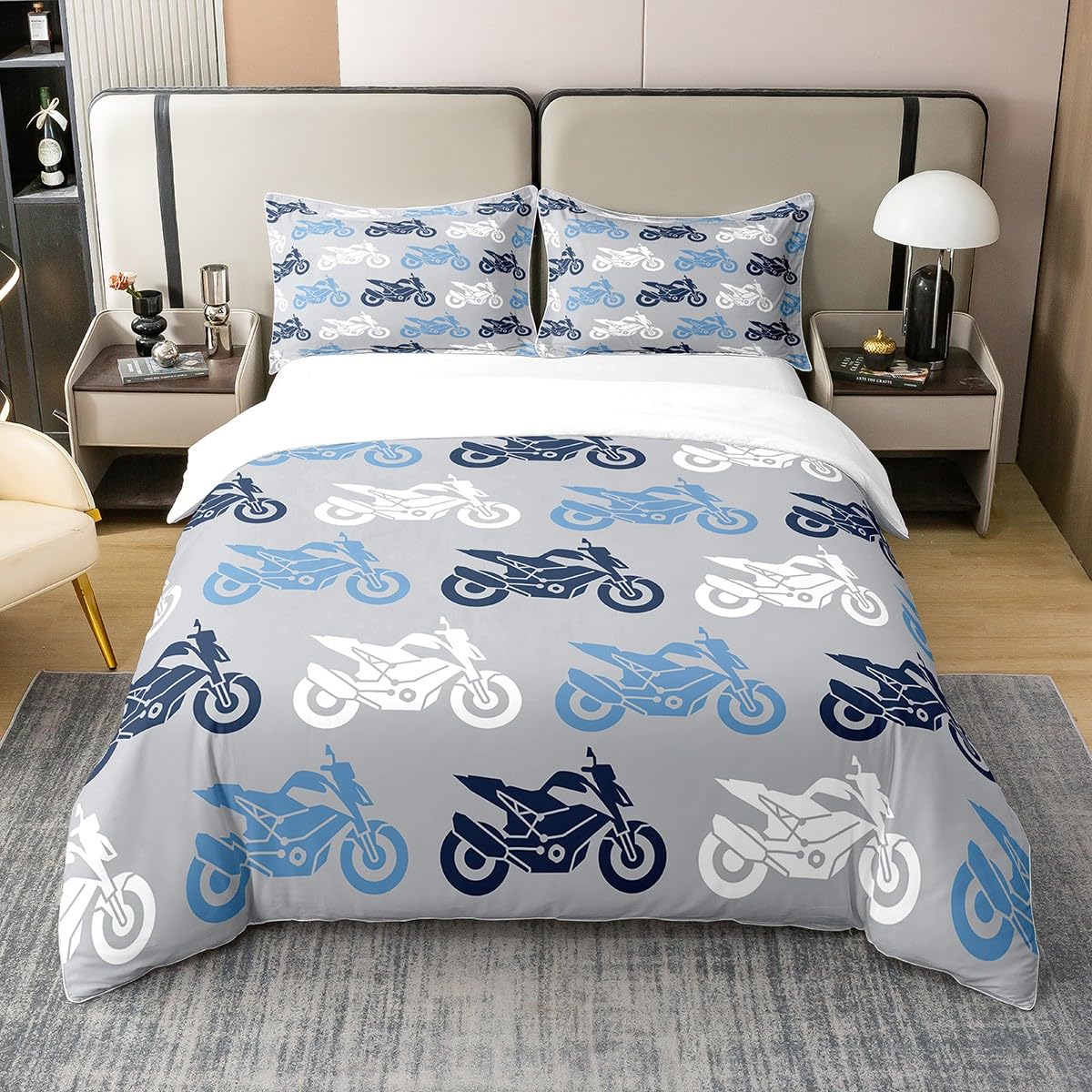 richhome Cartoon Motorcycle 100% Cotton Duvet Cover Modern Blue White Motorbike Decor Bedding Set for Kids Boys Teens Extreme Sports Style Hippie Comforter Cover with 1 Pillowcase Single Size 2 Pcs