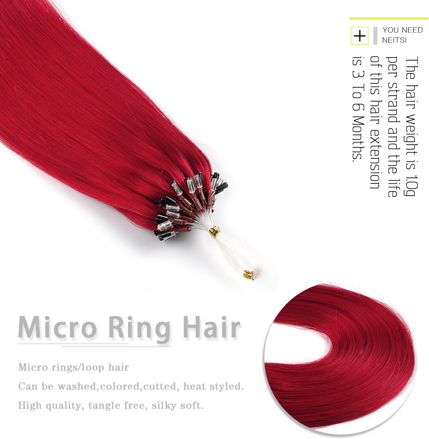 Neitsi 24inch Loop Micro Ring Beads Tipped Red Remy Human Hair Extensions Straight 25g 25s 1g/s (Red#)
