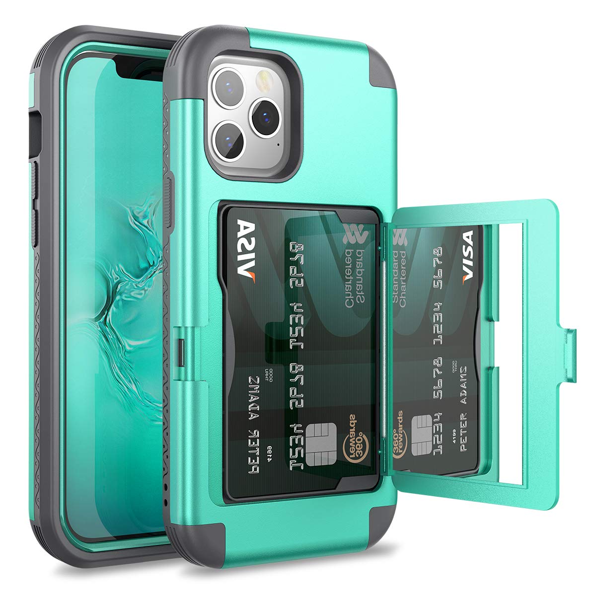 Photo 1 of WeLoveCase iPhone 12/12 Pro Wallet Case with Credit Card Holder & Hidden Mirror, Defender Three Layer Shockproof Heavy Duty Cover for iPhone 12/12 Pro 2020, 6.1 inch 5G Mint