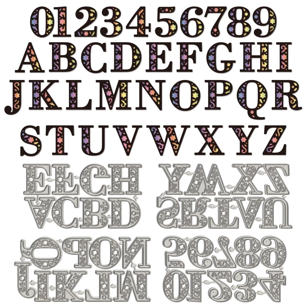 WADORN 4Pcs Alphabet Letters Number Metal Cutting Dies Cuts, Flower A-Z Alphabet 0-9 Number Cutting Die Floral Initial Letter Numbers Stencil Template for Scrapbooking DIY Craft Album Paper Card Decor