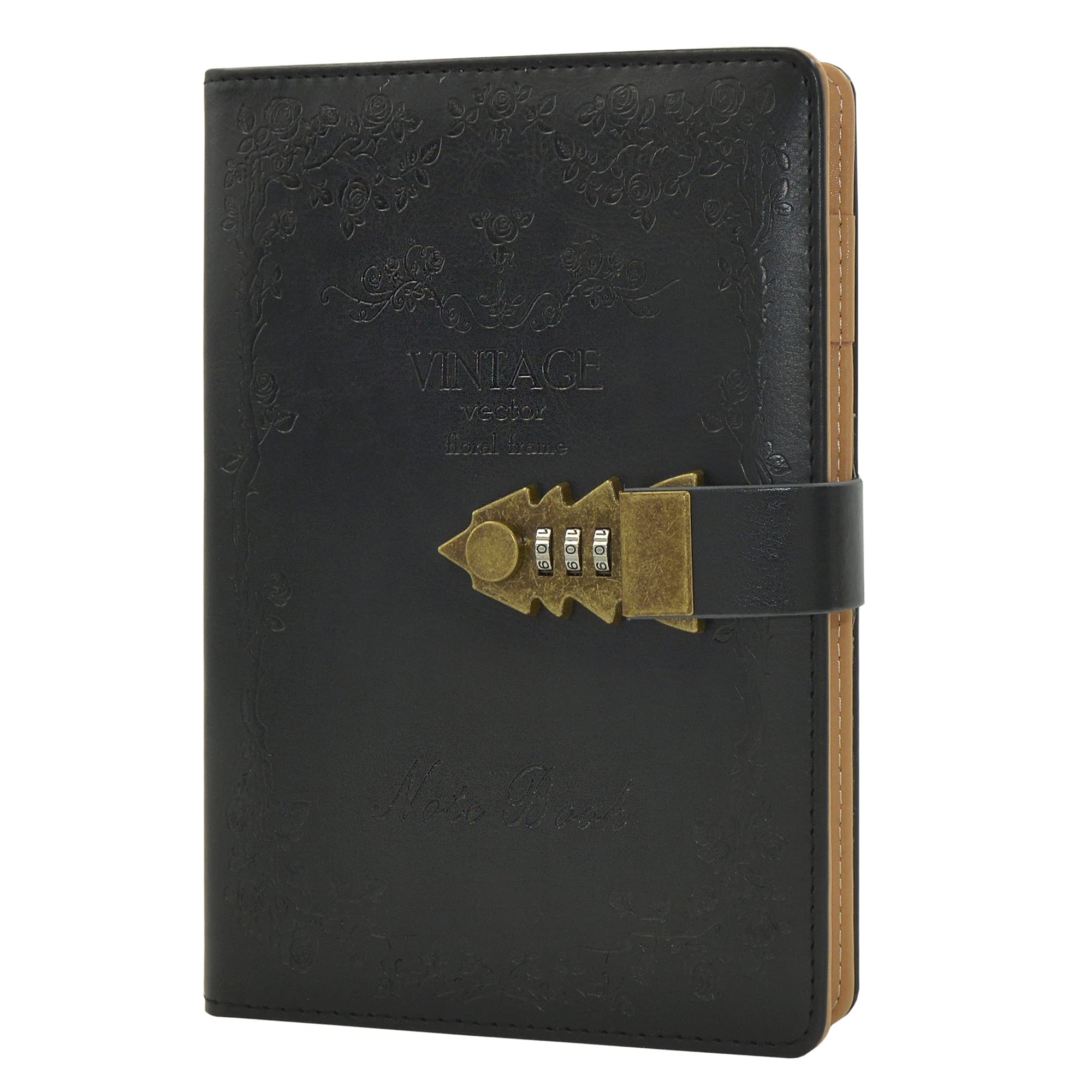 NectaRoy Lockable Diary Lock Journal, PU Leather Cover Writing Notebook Planner, Wire Binding Lined Daily Travel Journal with Lock, Password Notepad with Pen Holder, 215x150mm