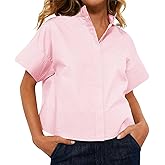 Cicy Bell Womens Cropped Short Sleeve Button Down Shirts Pleated Summer Dressy Casual Blouse Stand Collar Loose Fit Tops