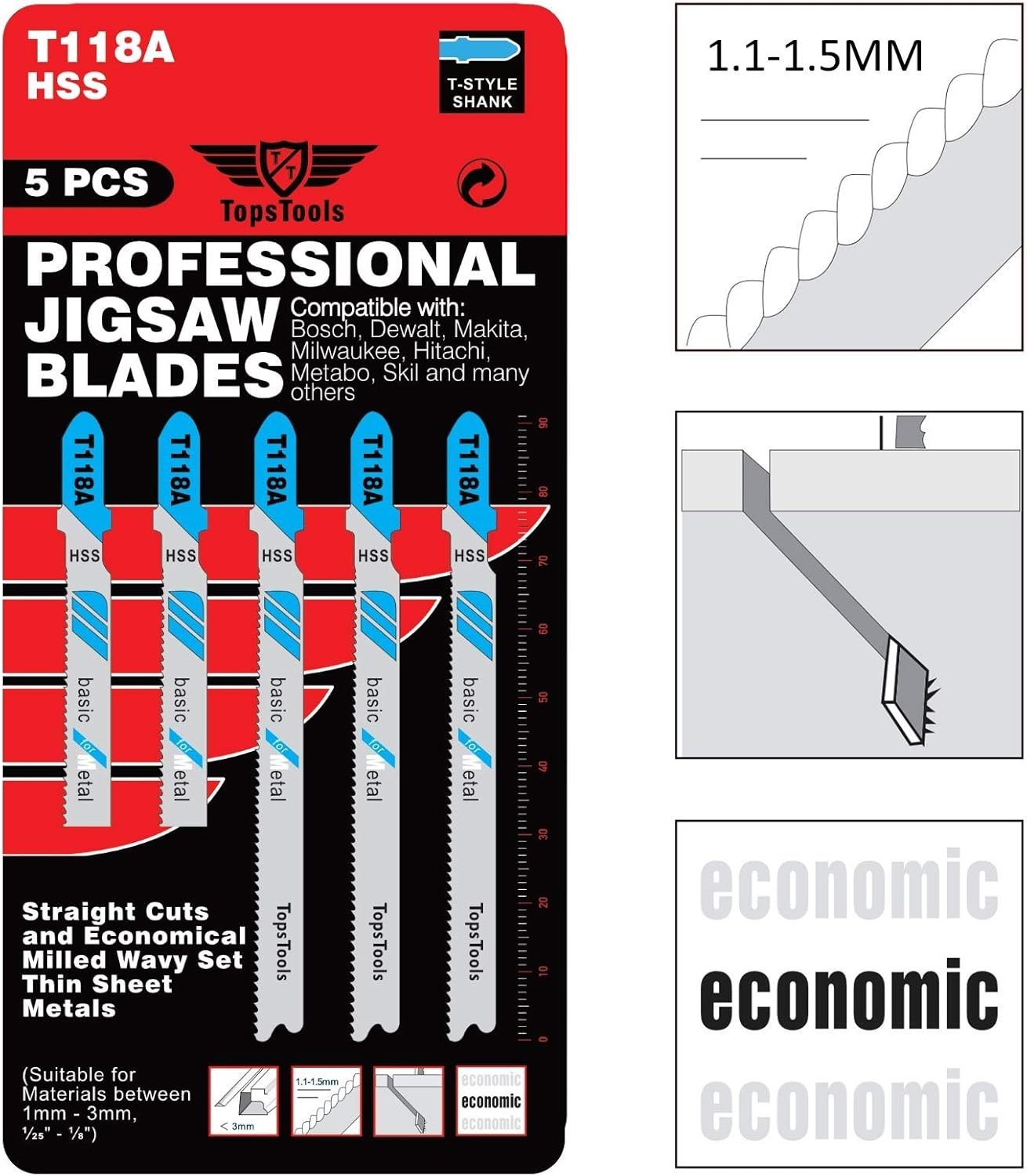 25 x TopsTools T118A 91mm Jigsaw Blades Designed for Metals, Black - Image 5