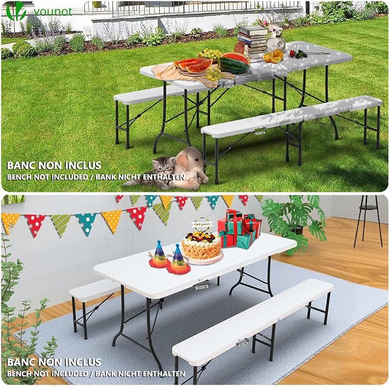 ® Tavolo da Buffet Pieghevole, Tavolo da Birreria, Mobili da Giardino con Manico di Trasporto, per Campeggio Picnic Esterno, Bianco, 180x75x72cm