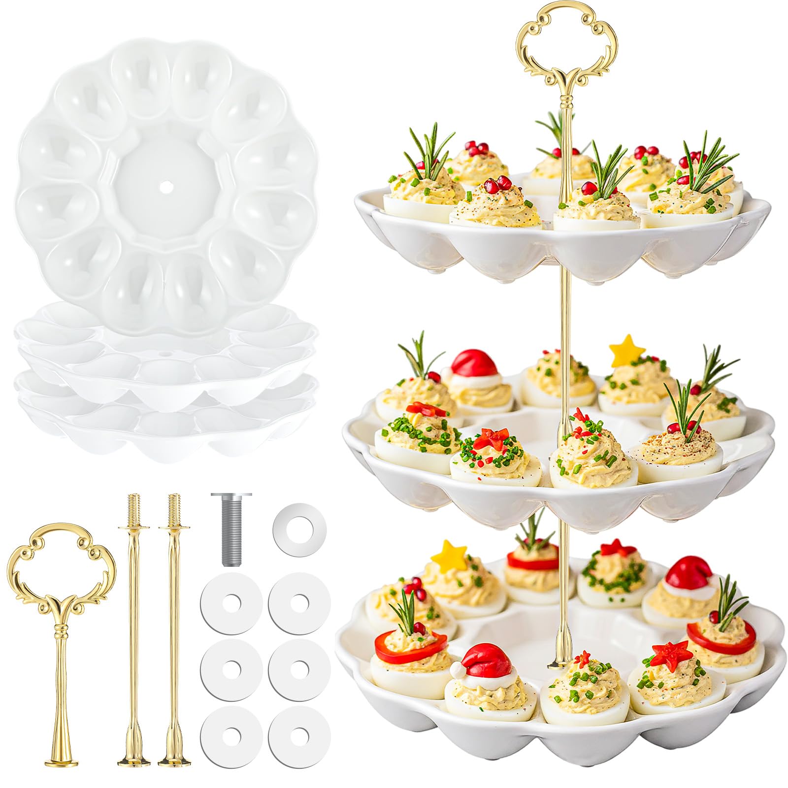 Photo 1 of *USED*
3 Tier Ceramic Deviled Egg Tray 36 Hole Christmas Deviled Egg Platter Contain Detachable Eggs Holder Tower for Thanksgiving Easter Party Food Container for Kitchen Countertop Dishwasher Freezer