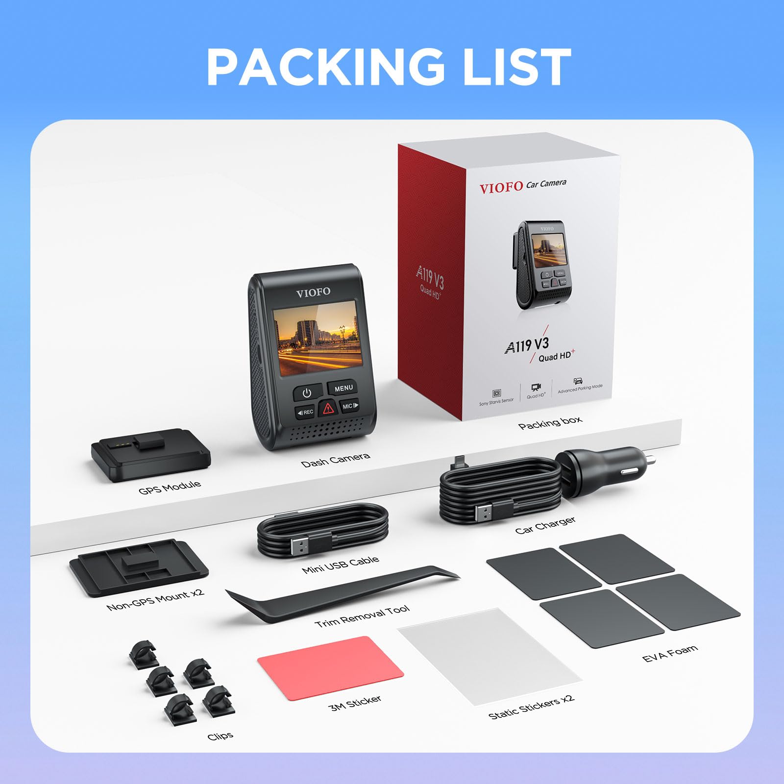 VIOFO Dash Cam A119 V3 2K 2560x1440P Quad HD+ 60FPS Front Car Dash Camera, 5MP STARVIS Sensor, 140-Degree Wide Angle, GPS Included, Buffered Parking Mode, True HDR, Motion Detection, Time Lapse