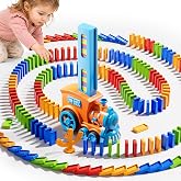 210Pcs Domino Train Toy for Kids 4-8, Automatic Montessori Dominos STEM Set | Auto Tile Stacking,Anti-Jam Train with Lights &amp; Sounds,Includes 4 Math Stickers,Ideal Birthday Gift for 3 4 5 6 7 Boys Girls
