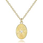 KOOLFIN 14K Gold Necklaces for Women Gold Pendant Necklace for Women with Cubic Zirconia Radiating Fan Texture Dainty Oval Necklace for Womens