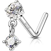 COCHARM 925 Sterling Silver Dangle Nose Stud 20g L Shape 7mm Length Nose Ring Stud Hypoallergenic Double Clear Gem Nose Piercing Jewelry Dangling Nostril Stud for Women Men
