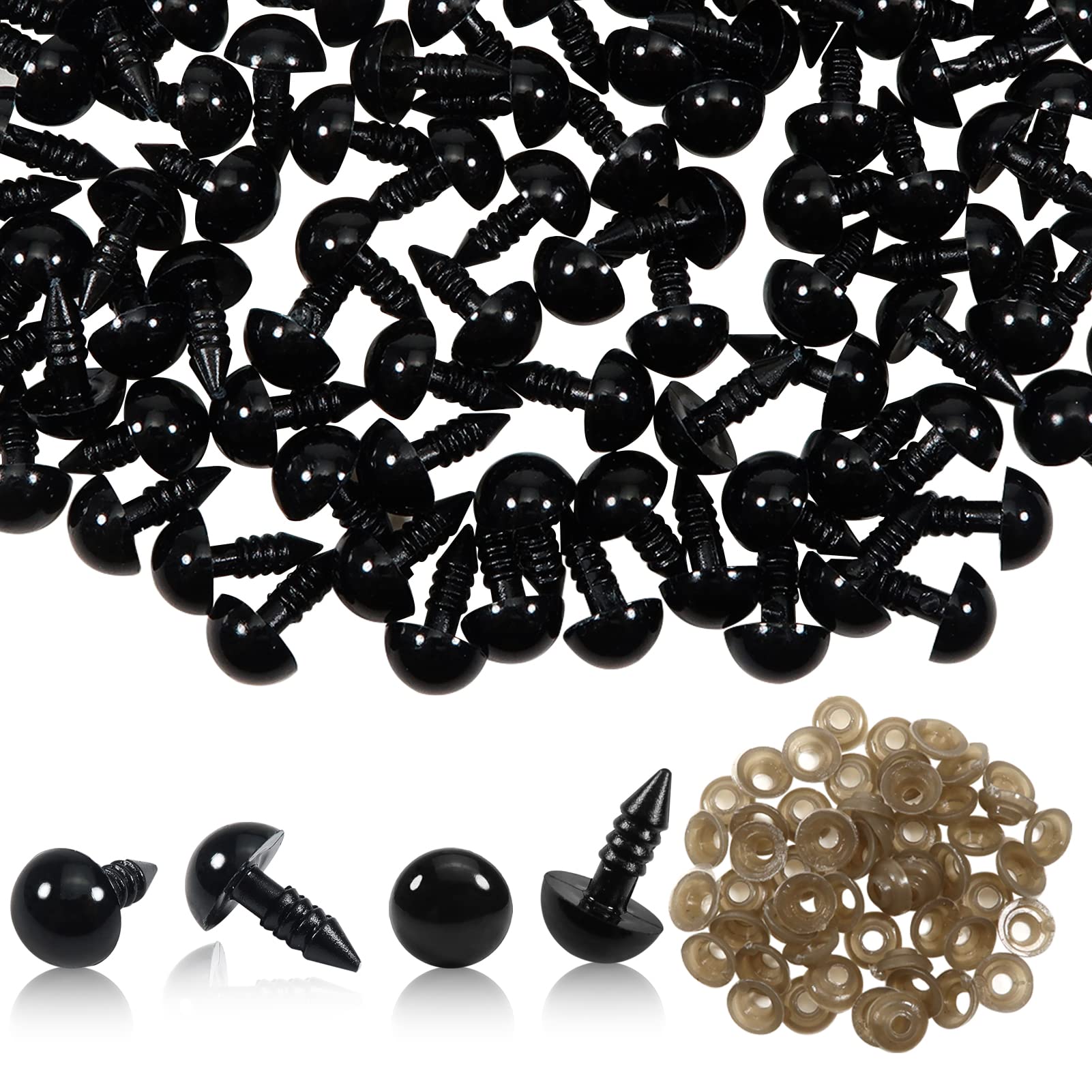 TOAOB Pack of 50 10 mm Black Safety Eyes for Crochet Animals with Washers Plastic Doll Eyes for Puppet