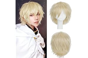 S-noilite Unisex Short Cosplay Wig Heat Resistant Synthetic Wigs Short Pixie Straight Hair Wig Women Mens Cool Fluffy Wigs for Anime Party Halloween Short Layered Hair Linen Blonde