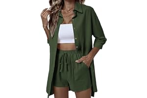 ELESOL Womens Cotton Linen Sets 2 Piece Tracksuit Button Down 3/4 Sleeve Shirt and Shorts Set Summer Beach Outfits Sets