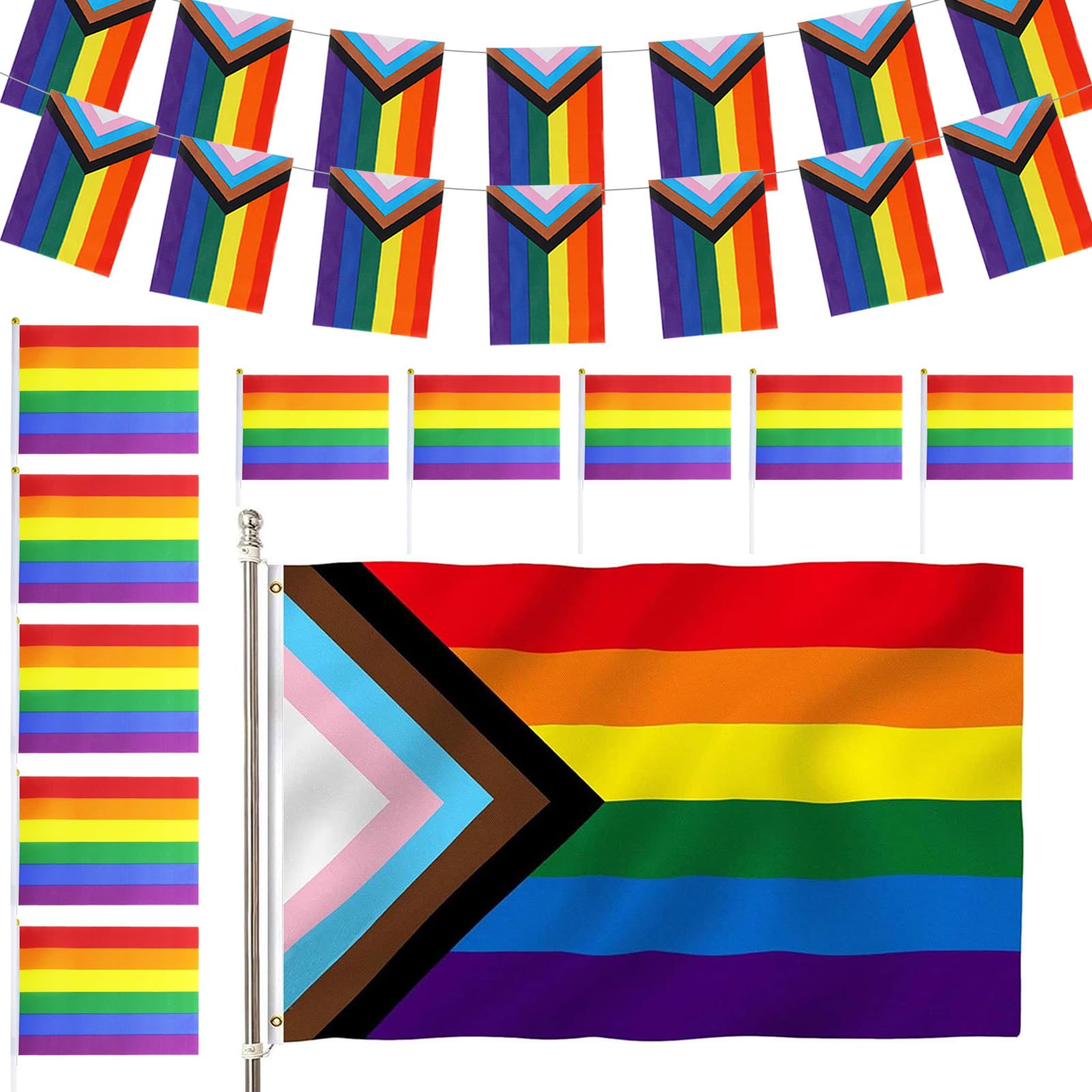 Pride Decorations Set, 5x3Ft Vivid Color Pride Flag 10Pcs Handheld Small Progress Pride Flags & 16.4Ft Gay Pride Bunting Banner Rainbow LGBTQ Party Accessories for Pride Parade Carnival Celebration