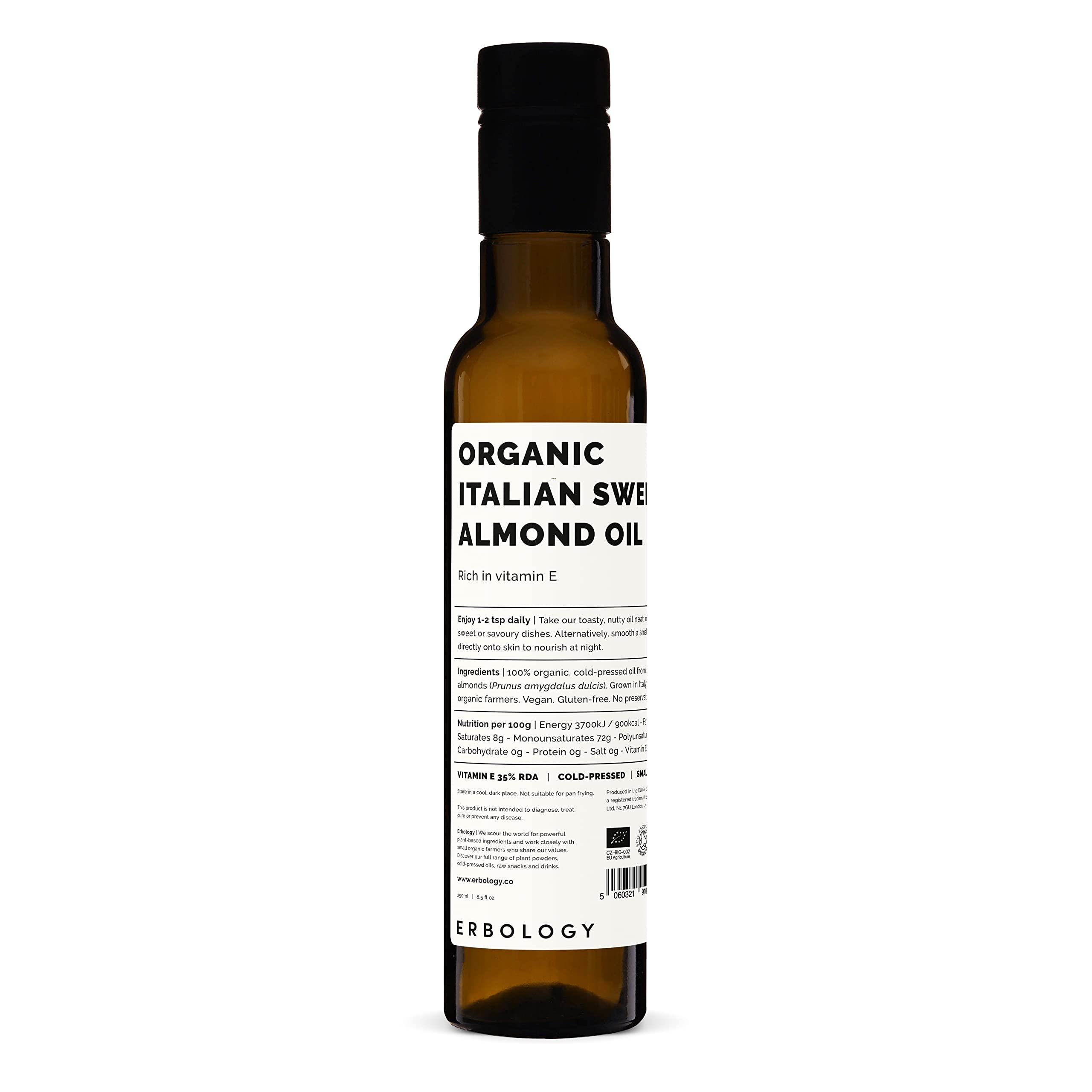 Erbology Organic Sweet Almond Oil 250ml - Cold-Pressed - Rich in Skin-Nourishing Vitamin E - Straight from Farm in Italy - Non-GMO - No Additives or Preservatives - Recyclable Glass Bottle