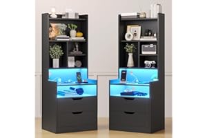 ADORNEVE Charging Nightstand Set of 2 with LED Lights,Tall Night Stand with Bookshelf,Bedside Table with Drawers,Black Side Tables Bedroom