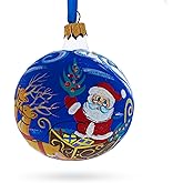 Jolly Santa Riding Sleigh with Reindeer Glass Ball Christmas Ornament 3.25 Inches