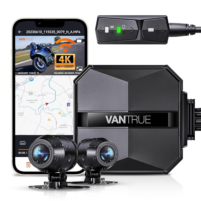 VANTRUE F1 4K+1080P Telecamera Moto Impermeabile IP67, 5GHz WiFi GPS Dash Cam Moto