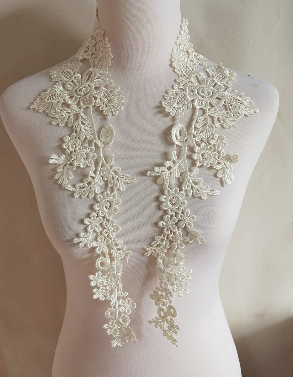 Photo 1 of 1 Pair Embroidery Applique Wedding Lace Floral Motif Sewing Trims Decoration (Ivory)